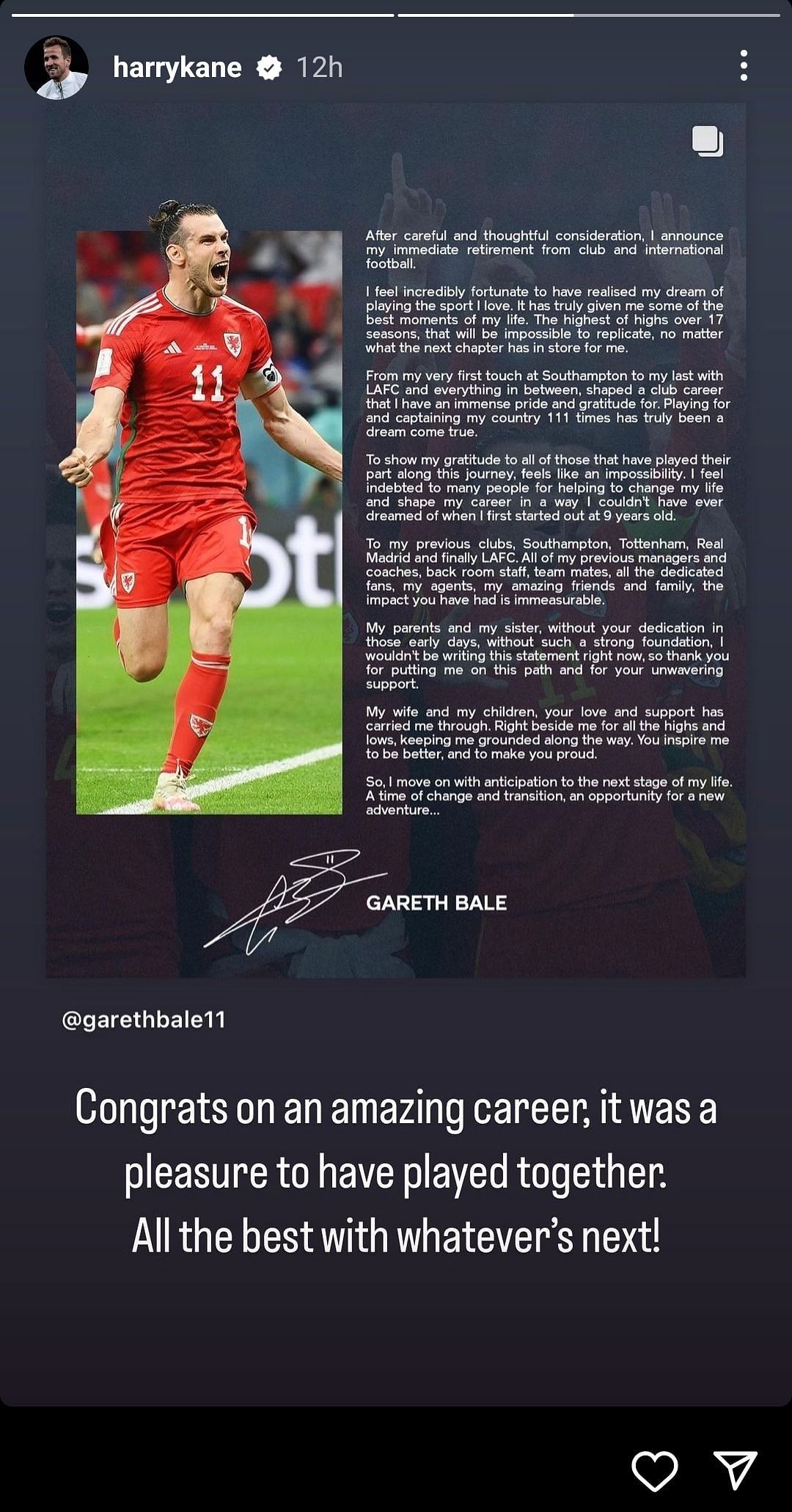 Harry Kane's Instagram story for Bale